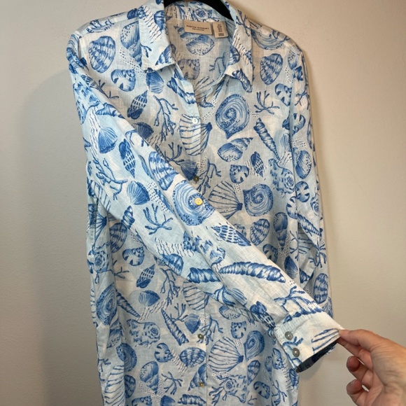 Martha Stewart Womens Linen Blend Shirt Dress Blue White Beach Shells Size Small - Picture 9 of 16